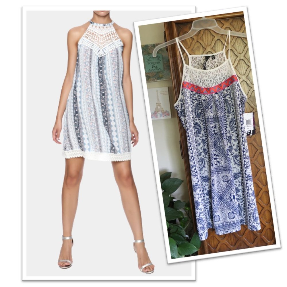 Trixxi Blue/White Paisley Print Lace Trim Swing Halter Dress - NWT!